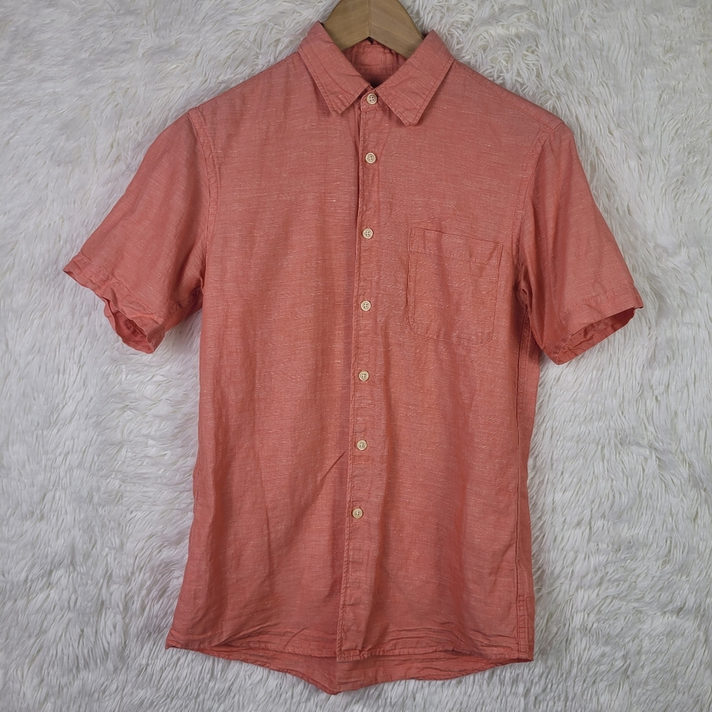 Uniqlo Mens Small Coral Linen Blend Short‎ Sleeve Shirt Beach Summer Resort